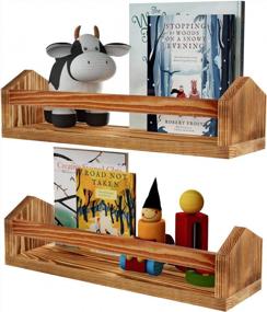 img 4 attached to MaxGear Nursery Book Shelves, Natural Solid Wood Wall Bookshelves For Kids And Baby Room, Rustic Floating Bookshelves Wall Mounted Organizer Storage For Toys, Books, Kitchen Spice Rack, Set Of 2