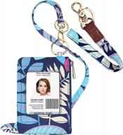 id badge holder with lanyard, fashion lanyard wallet with 1 clear id window, credit cards coins cash pouch with a detachable neck lanyard and a wrist lanyard (blue leaf pattern) logo