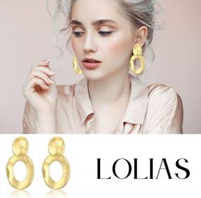 img 1 attached to Make A Statement With LOLIAS Hammered Gold Clip-On Earrings - Elegant Water Drop & Round Geometry In Gold Tone Plating & Long Clips