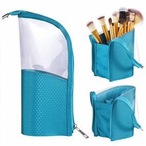 img 4 attached to Blue-Green Plastic Makeup Brush Cup Holder Organizer Bag With Slot, Travel Pencil Pen Case For Desk, Cosmetic Zipper Pouch, Portable Stand-Up Waterproof Dust-Free Small Toiletry Stationery Bag