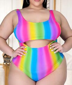 img 3 attached to Plus Size Rainbow Striped One-Piece Swimsuit With Cut-Out Design And Matching Cover Ups Set For Women - Perfect As Beach Swimwear Or Poolside Attire