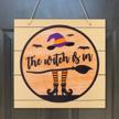 halloween wooden plaque - the witch is in! luckybunny hanging sign for front door, porch and yard - perfect halloween decoration! logo