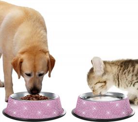 img 3 attached to Stainless Steel Pet Bowls Double Food Water Feeder For Puppy Cats Dogs - Set Of 2, 640ML Handmade Bling Rhinestones SAVORI Bling Dog Bowls Pink