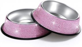 img 4 attached to Stainless Steel Pet Bowls Double Food Water Feeder For Puppy Cats Dogs - Set Of 2, 640ML Handmade Bling Rhinestones SAVORI Bling Dog Bowls Pink