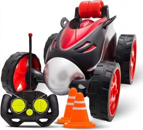 img 4 attached to Remote Control Car For Boys - RC Stunt Car Toy 4-Wheel Drive Car Spins And Flips Indoor And Outdoor W/ Bonus - 6 Traffic Cones Gift For Kids 3-10 Size 7 X 5 In (Red)