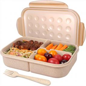 img 4 attached to 3 Compartment Lunch Box Bento Box For Adults, Kids Food Containers With Flatware Included - Leak Proof Microwave Safe (Champagne)