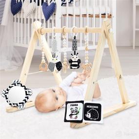 img 4 attached to Natural Wooden Baby Play Gym - Foldable Activity Mat with Wooden and Monochrome Hanging Toys - Cloth Cards & Mirror Toys for Infant Gym