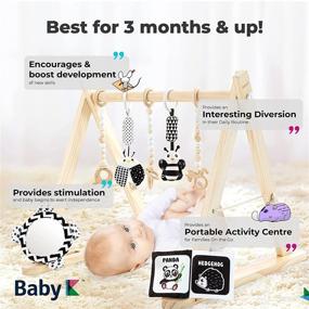 img 3 attached to Natural Wooden Baby Play Gym - Foldable Activity Mat with Wooden and Monochrome Hanging Toys - Cloth Cards & Mirror Toys for Infant Gym