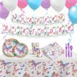 all-in-one butterfly birthday party kit for 16 guests - includes happy birthday banner, tablecloth, plates, cups, napkins, and balloons in pink purple mariposas theme! logo