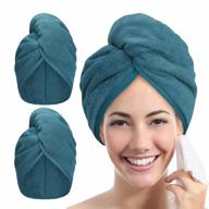 fast drying hair towel wrap set - 2 pack microfiber turbans with button closure for women's curly hair, anti-frizz and plopping, absorbent and twist resistant - in haze blue logo