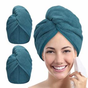img 4 attached to Fast Drying Hair Towel Wrap Set - 2 Pack Microfiber Turbans With Button Closure For Women'S Curly Hair, Anti-Frizz And Plopping, Absorbent And Twist Resistant - In Haze Blue