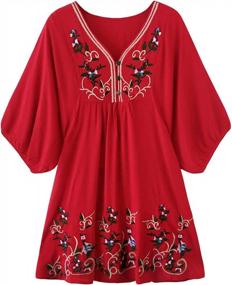 img 4 attached to Women'S Vintage Floral Embroidery Mexican Style Tunic Dress Shirt Blouse - Bohemian Flowy Shift Mini Dress