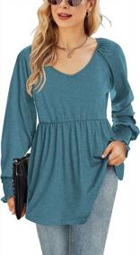img 1 attached to Women'S V-Neck Tunic Tops: Stylish Puff Sleeve Blouses With Smocked Cuffs & Pleated Flare Pullover
