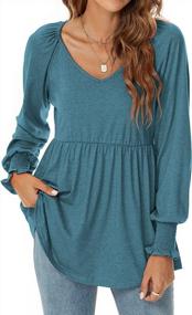 img 4 attached to Women'S V-Neck Tunic Tops: Stylish Puff Sleeve Blouses With Smocked Cuffs & Pleated Flare Pullover