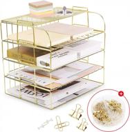 gold paper organizer for desk, 4 tier desk organizers for home and office stackable letter tray with binder clips, paper clips and push pins(gold) logo