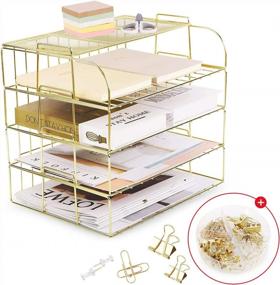 img 4 attached to Gold Paper Organizer For Desk, 4 Tier Desk Organizers For Home And Office Stackable Letter Tray With Binder Clips, Paper Clips And Push Pins(Gold)