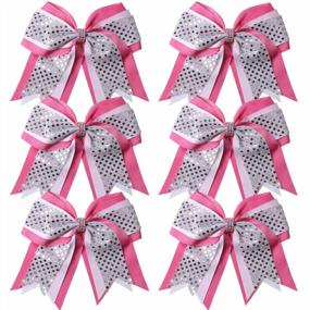 img 1 attached to 6 Pcs 8 Inch Jumbo Cheerleading Hair Bows - 3 Layers Ponytail Holder Elastic Tie For High School & College (Pink/White/Silver)