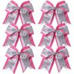 6 pcs 8 inch jumbo cheerleading hair bows - 3 layers ponytail holder elastic tie for high school & college (pink/white/silver) logo