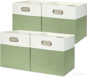 img 4 attached to Temary 12 Inch Storage Cubes: 4 Pack Canvas Baskets for Closet Organization, Foldable & Stylish Fabric Cube Storage Bins with Handle (White & Green)