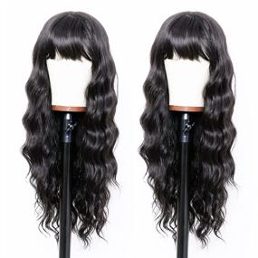 img 2 attached to Women'S 24 Inch Black Wig With Bangs - Wet And Wavy Long Loose Curly Wave Synthetic Heat Resistant Fiber Natural Hair