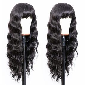 img 1 attached to Women'S 24 Inch Black Wig With Bangs - Wet And Wavy Long Loose Curly Wave Synthetic Heat Resistant Fiber Natural Hair