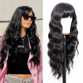 img 4 attached to Women'S 24 Inch Black Wig With Bangs - Wet And Wavy Long Loose Curly Wave Synthetic Heat Resistant Fiber Natural Hair