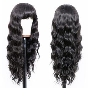 img 3 attached to Women'S 24 Inch Black Wig With Bangs - Wet And Wavy Long Loose Curly Wave Synthetic Heat Resistant Fiber Natural Hair