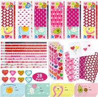 valentine's day children's gift set - 28 pack of stationery with valentine's cards, pencils, erasers, notepads, and stickers for classroom exchange, school rewards, and party favors logo