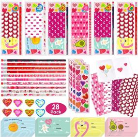 img 4 attached to Valentine'S Day Children'S Gift Set - 28 Pack Of Stationery With Valentine'S Cards, Pencils, Erasers, Notepads, And Stickers For Classroom Exchange, School Rewards, And Party Favors