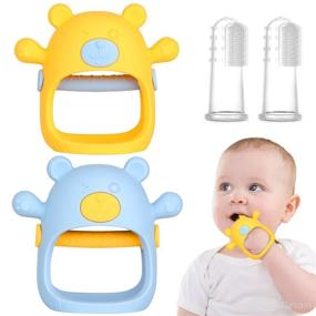 img 4 attached to 🐻 Fu Store Silicone Baby Teething Toy - Bear Shape, Anti-Dropping, Infants Chew Toys for Sucking Needs, Hand Pacifier for Breastfeeding Newborn, Includes 1 Yellow, 1 Blue + 2 Finger Toothbrushes