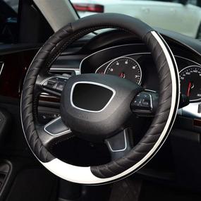img 2 attached to 🚗 KAFEEK 15-inch Universal Steering Wheel Cover in Black and White Microfiber Leather