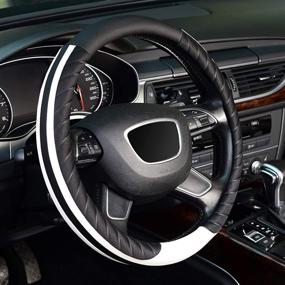 img 4 attached to 🚗 KAFEEK 15-inch Universal Steering Wheel Cover in Black and White Microfiber Leather