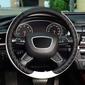 img 3 attached to 🚗 KAFEEK 15-inch Universal Steering Wheel Cover in Black and White Microfiber Leather