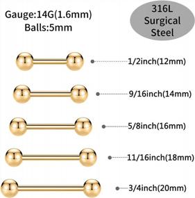img 2 attached to Surgical Steel Nipple & Tongue Piercing Set: 5 Pairs Of 14G Barbell Rings For Men & Women In Various Sizes By GAGABODY