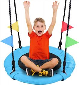 img 4 attached to Odoland 24" Kids Tree Swing Outdoor Saucer Platform Swing - 900D Waterproof Oxford, Adjustable Hanging Ropes For 1-2 Children Backyard Round Flying SkyBlue