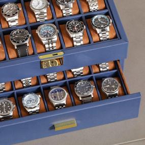 img 2 attached to ROTHWELL 20 Slot Leather Watch Box - Luxury Watch Case Display Jewelry Organizer, - Locking Watch Display Case Holder With Large Real Glass Top - Watch Box Organizer For Men And Women (Blue/Tan)