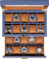 rothwell 20 slot leather watch box - luxury watch case display jewelry organizer, - locking watch display case holder with large real glass top - watch box organizer for men and women (blue/tan) logo