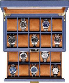 img 4 attached to ROTHWELL 20 Slot Leather Watch Box - Luxury Watch Case Display Jewelry Organizer, - Locking Watch Display Case Holder With Large Real Glass Top - Watch Box Organizer For Men And Women (Blue/Tan)