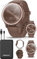 playbetter garmin vivomove sport (cocoa/peach gold) hybrid smartwatch power bundle - 2022 heart rate monitor watch with call portable charger & hd screen protectors - women's fitness tracker logo