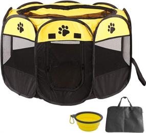 img 4 attached to 🐾 Enkarl XL Portable Foldable Pet Playpen with Carrying Bag and Travel Bowl - Indoor/Outdoor, Water-Resistant, Removable Mesh Shade Cover - Perfect for Dogs and Cats (Yellow)