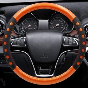 img 4 attached to 🍊 NICEASY Orange Leather Steering Wheel Cover with Sport Style Grip - Universal Fit 14.5-15.25 inch Steering Wheel Accessory, Black