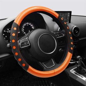 img 2 attached to 🍊 NICEASY Orange Leather Steering Wheel Cover with Sport Style Grip - Universal Fit 14.5-15.25 inch Steering Wheel Accessory, Black