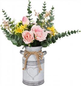 img 4 attached to LIBWYS Metal Flower Vase Milk Can Rustic Style With Rose & Eucalyptus Shabby Chic Metal Vase For Rustic Home Dining Table Centerpieces Decor (Pink, 1)