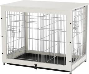 img 4 attached to 🐶 Piskyet Wooden Dog Crate End Table with Slide Tray – Stylish Dog Crate Furniture featuring Double Doors, Wire Wood Kennel Indoor - Detachable Top Cover Pet Crate – Versatile Table Cage for Dogs