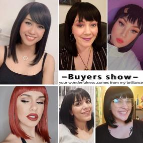 img 2 attached to Natural-Looking Short Bob Wig With Synthetic Hair Bangs, Brown Highlights, And Heat Resistance For Women'S Daily Wear - Kalyss Black Full Head Straight Hair Wig