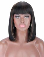 natural-looking short bob wig with synthetic hair bangs, brown highlights, and heat resistance for women's daily wear - kalyss black full head straight hair wig logo