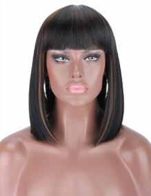 img 4 attached to Natural-Looking Short Bob Wig With Synthetic Hair Bangs, Brown Highlights, And Heat Resistance For Women'S Daily Wear - Kalyss Black Full Head Straight Hair Wig