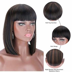 img 3 attached to Natural-Looking Short Bob Wig With Synthetic Hair Bangs, Brown Highlights, And Heat Resistance For Women'S Daily Wear - Kalyss Black Full Head Straight Hair Wig