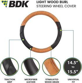 img 3 attached to BDK Light Wood Grain Steering Wheel Cover With Black Faux Leather Comfort Grip