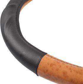 img 1 attached to BDK Light Wood Grain Steering Wheel Cover With Black Faux Leather Comfort Grip